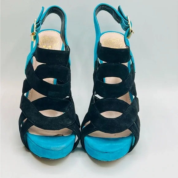 VINCE CAMUTO Blk&Turquoise XCross Strappy Suede 4” Platform Heels US 7.5 EU 37.5 - Picture 3 of 7